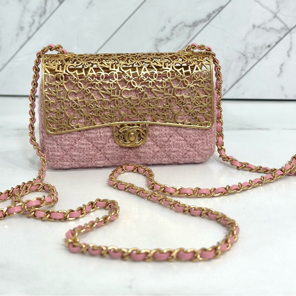 CHANEL Metal Tweed Logo CC Minaudiere Flap Bag Pink Gold #4585